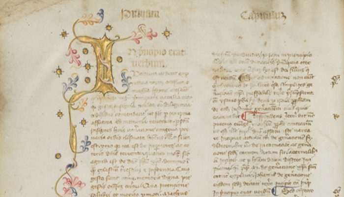 Beginn des Johannesevangeliums ‚In principio erat uerbum‘ (deutsch: Im Anfang war das Wort) in einer mittelalterlichen lateinischen Handschrift 