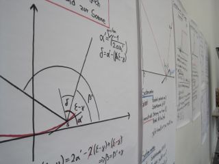 Diagramm mit Kreisen, Linien und Formeln an einer Wandtafel.